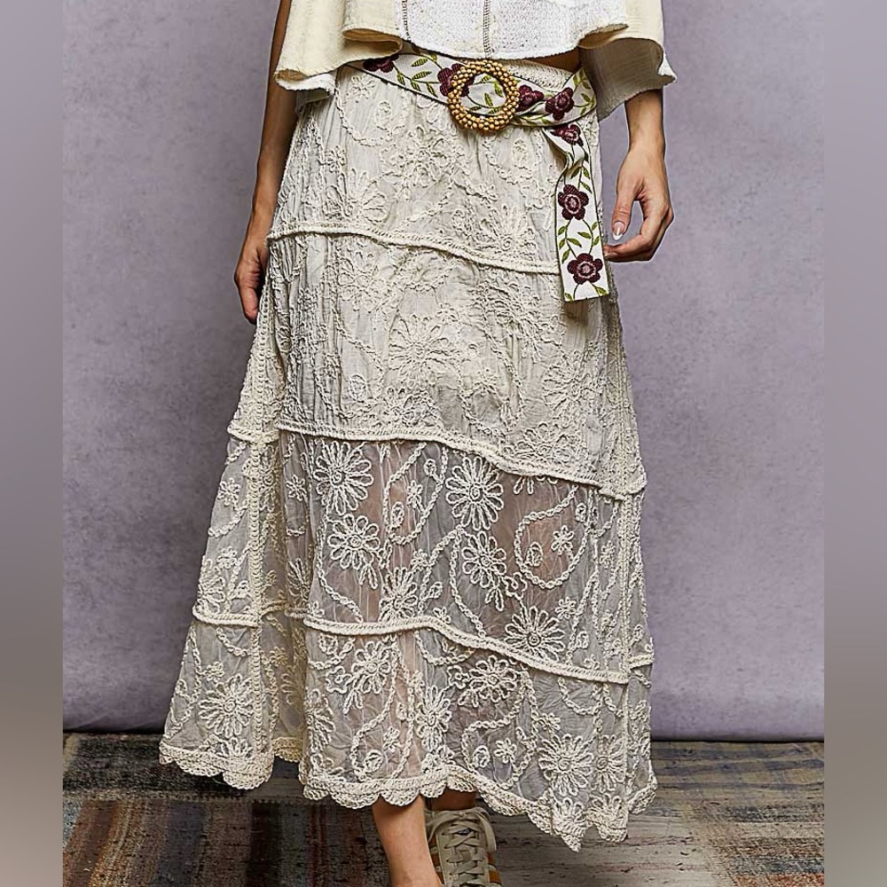NWT POL Cream Lace Embroidered Bohemian Tiered Maxi Skirt